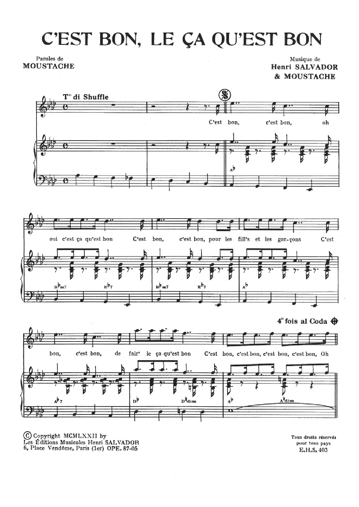 Download Henri Salvador C'est Bon, Le Ca Qu'est Bon Sheet Music and learn how to play Piano & Vocal PDF digital score in minutes