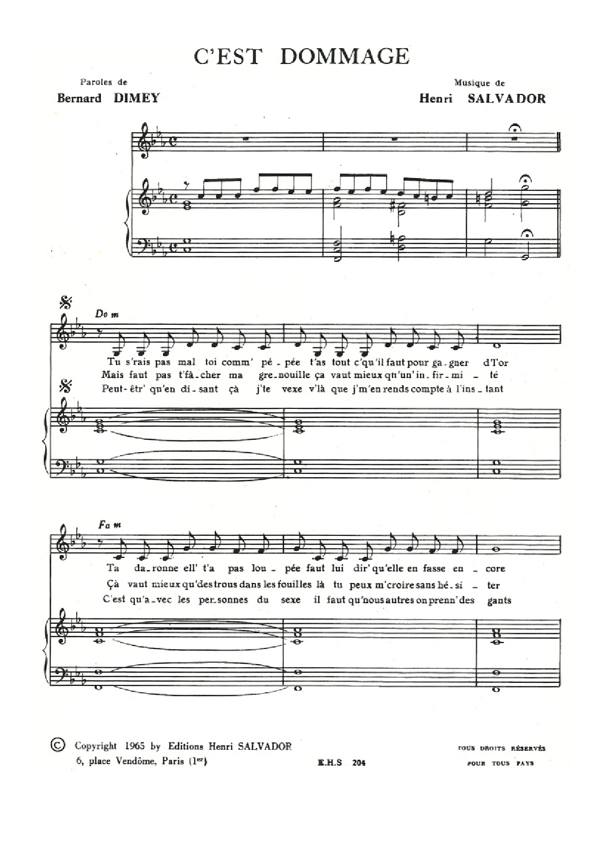 Download Henri Salvador C'est Dommage Sheet Music and learn how to play Piano & Vocal PDF digital score in minutes