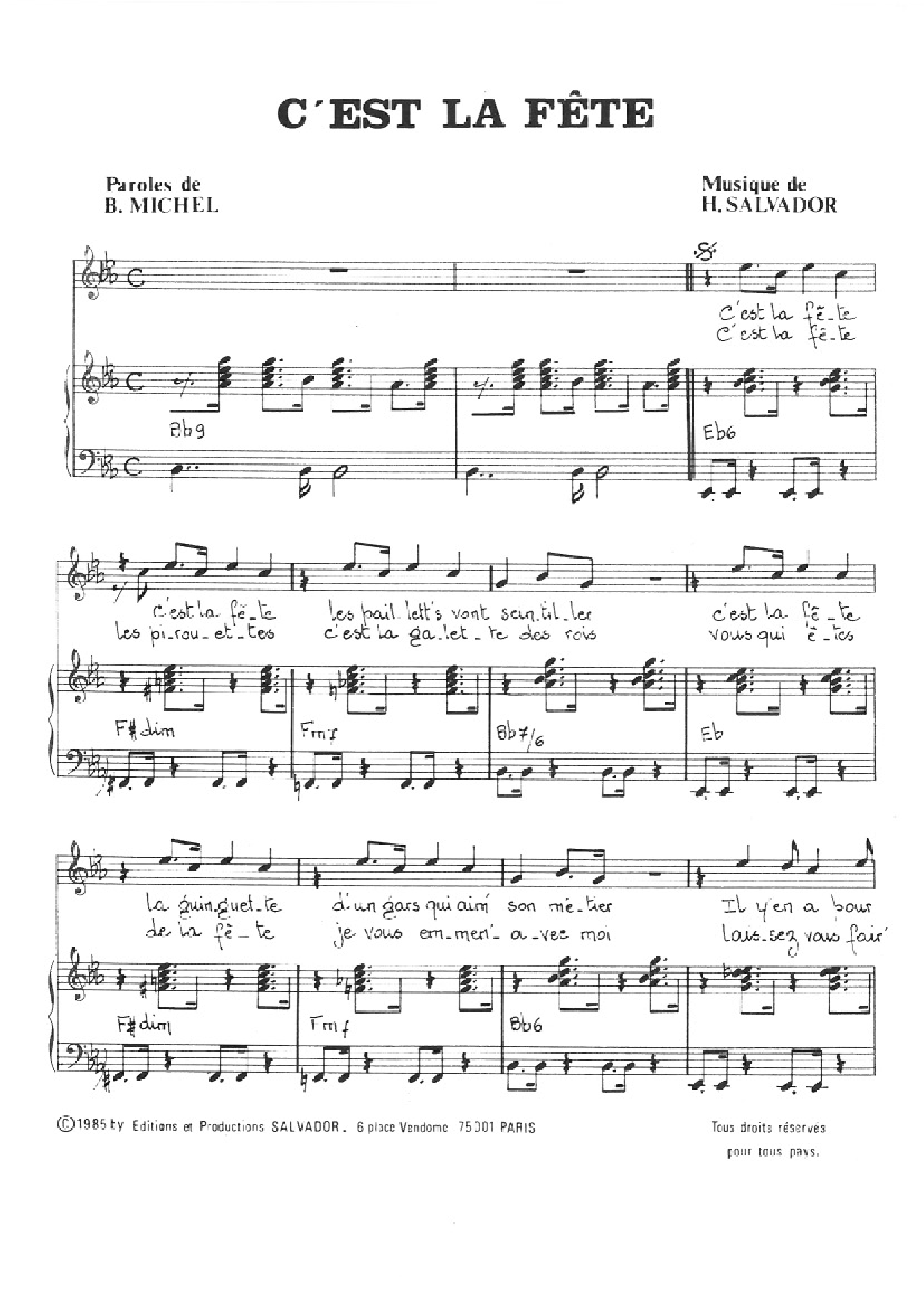 Download Henri Salvador C'est La Fete Sheet Music and learn how to play Piano & Vocal PDF digital score in minutes