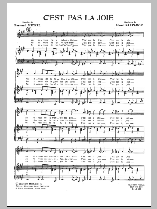 Download Henri Salvador C'est Pas La Joie Sheet Music and learn how to play Piano & Vocal PDF digital score in minutes