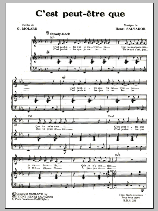 Download Henri Salvador C'est Peut-Etre Que Sheet Music and learn how to play Piano & Vocal PDF digital score in minutes