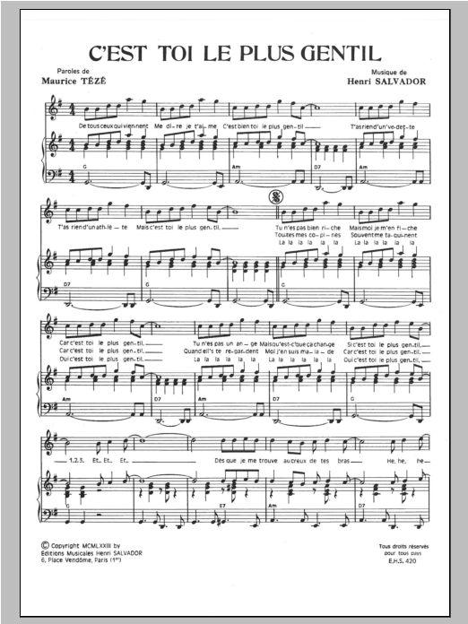 Download Henri Salvador C'est Toi Le Plus Gentil Sheet Music and learn how to play Piano & Vocal PDF digital score in minutes