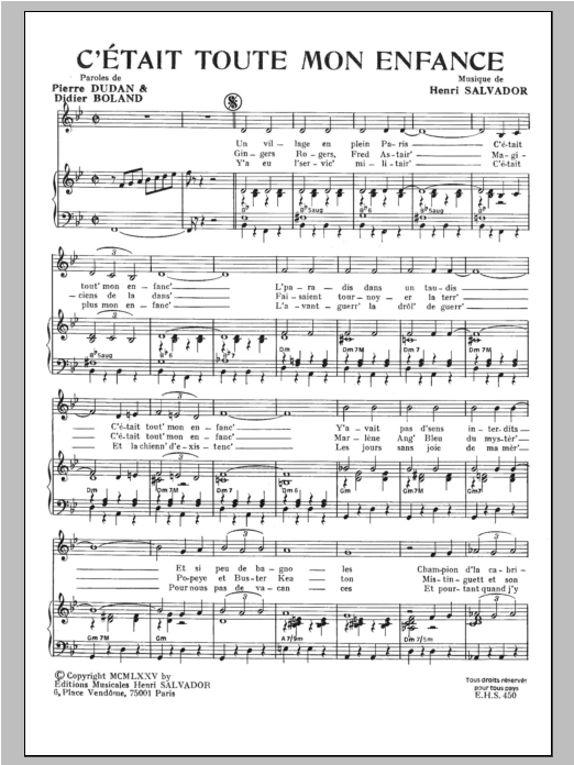 Download Henri Salvador C'etait Toute Mon Enfance Sheet Music and learn how to play Piano & Vocal PDF digital score in minutes