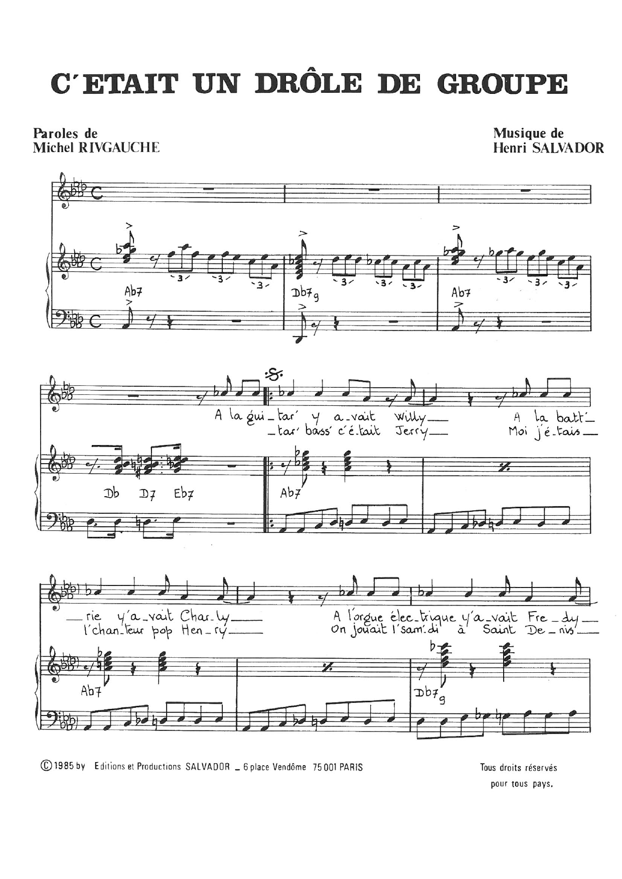Download Henri Salvador C'etait Un Drole De Groupe Sheet Music and learn how to play Piano & Vocal PDF digital score in minutes