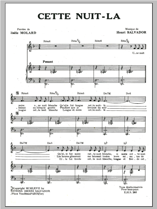 Download Henri Salvador Cette Nuit La Sheet Music and learn how to play Piano & Vocal PDF digital score in minutes