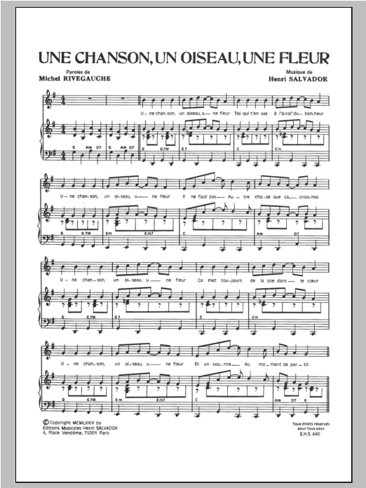 Download Henri Salvador Chanson Un Oiseau Une Fleur Sheet Music and learn how to play Piano & Vocal PDF digital score in minutes