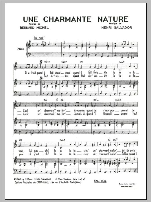 Download Henri Salvador Charmante Nature Sheet Music and learn how to play Piano & Vocal PDF digital score in minutes
