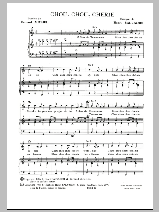 Download Henri Salvador Chou Chou Cherie Sheet Music and learn how to play Piano & Vocal PDF digital score in minutes