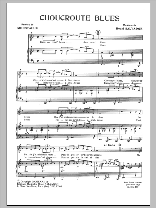 Download Henri Salvador Choucroute Blues Sheet Music and learn how to play Piano & Vocal PDF digital score in minutes