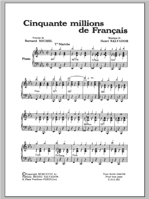 Download Henri Salvador Cinquante Millions De Francais Sheet Music and learn how to play Piano & Vocal PDF digital score in minutes