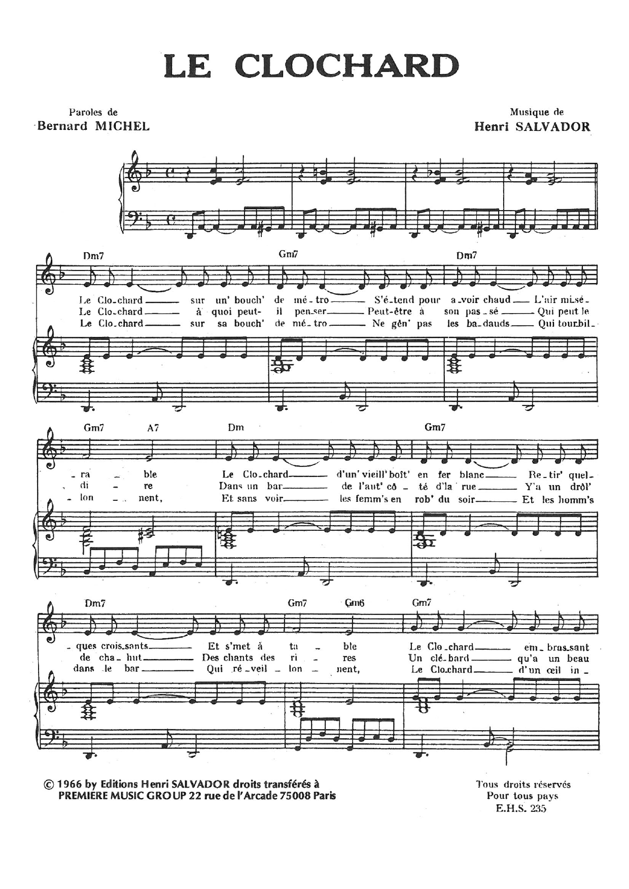 Download Henri Salvador Clochard Sheet Music and learn how to play Piano & Vocal PDF digital score in minutes