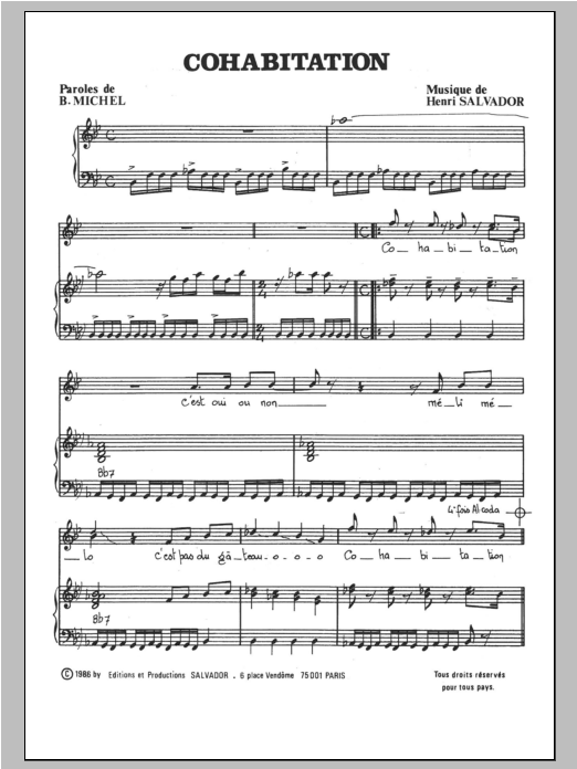 Download Henri Salvador Cohabitation Sheet Music and learn how to play Piano & Vocal PDF digital score in minutes