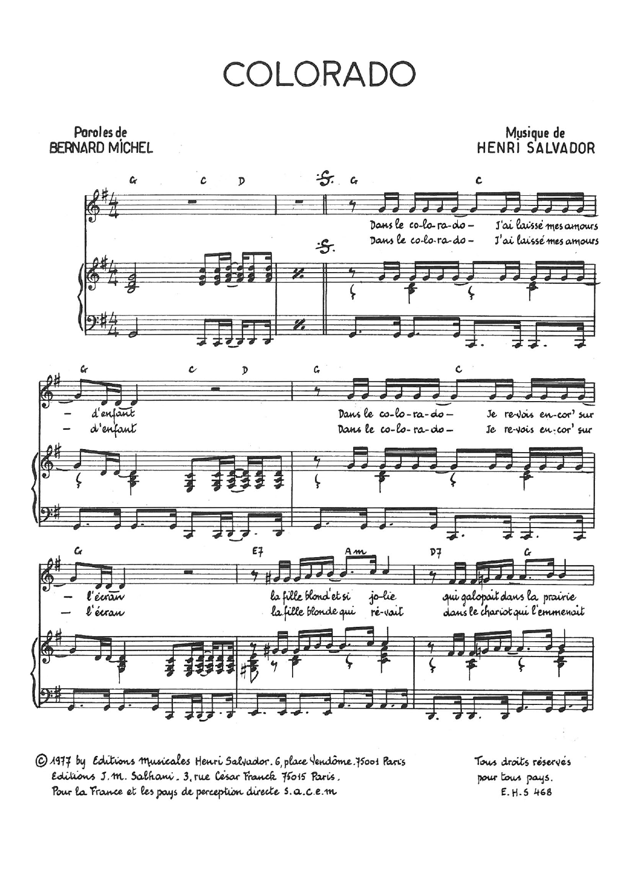 Download Henri Salvador Colorado Sheet Music and learn how to play Piano & Vocal PDF digital score in minutes