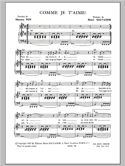 Download Henri Salvador Comme Je T'aime Sheet Music and learn how to play Piano & Vocal PDF digital score in minutes