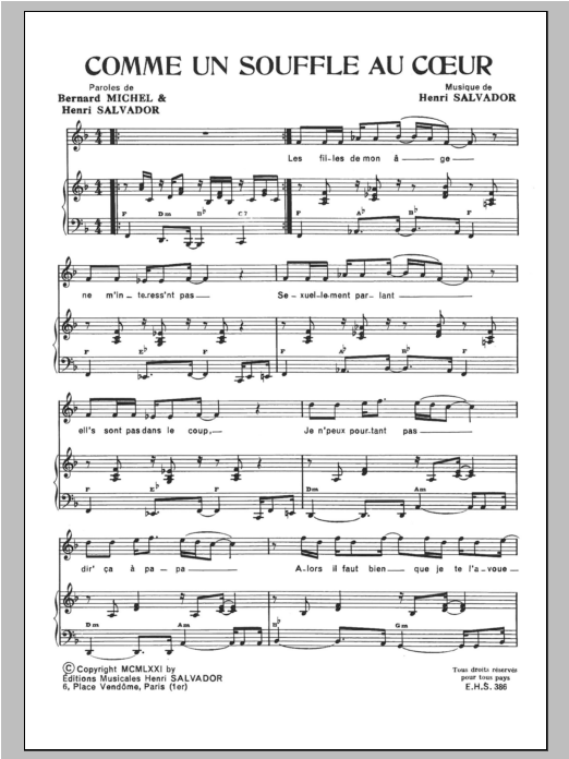 Download Henri Salvador Comme Un Souffle Au Coeur Sheet Music and learn how to play Piano & Vocal PDF digital score in minutes