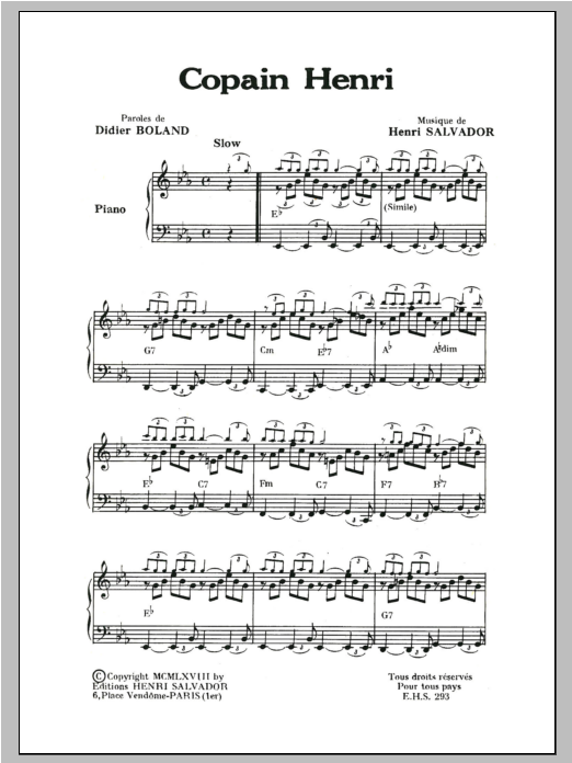 Download Henri Salvador Copain Henry Sheet Music and learn how to play Piano & Vocal PDF digital score in minutes