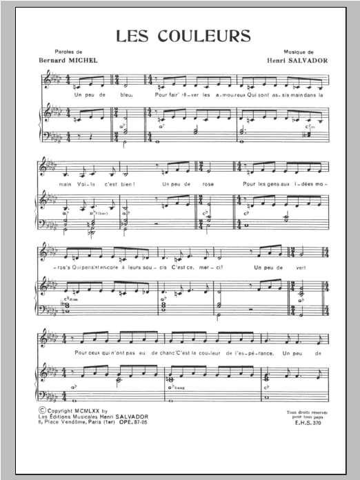 Download Henri Salvador Couleurs Sheet Music and learn how to play Piano & Vocal PDF digital score in minutes