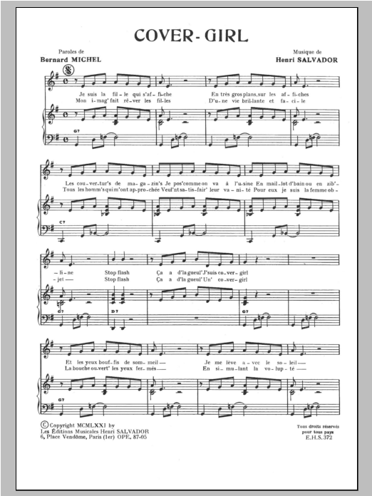 Download Henri Salvador Cover Girl Sheet Music and learn how to play Piano & Vocal PDF digital score in minutes