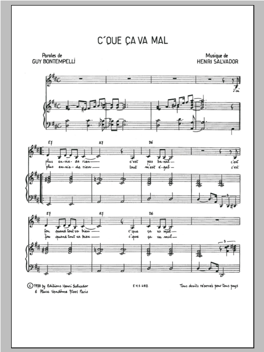 Download Henri Salvador C'que Ca Va Mal Sheet Music and learn how to play Piano & Vocal PDF digital score in minutes