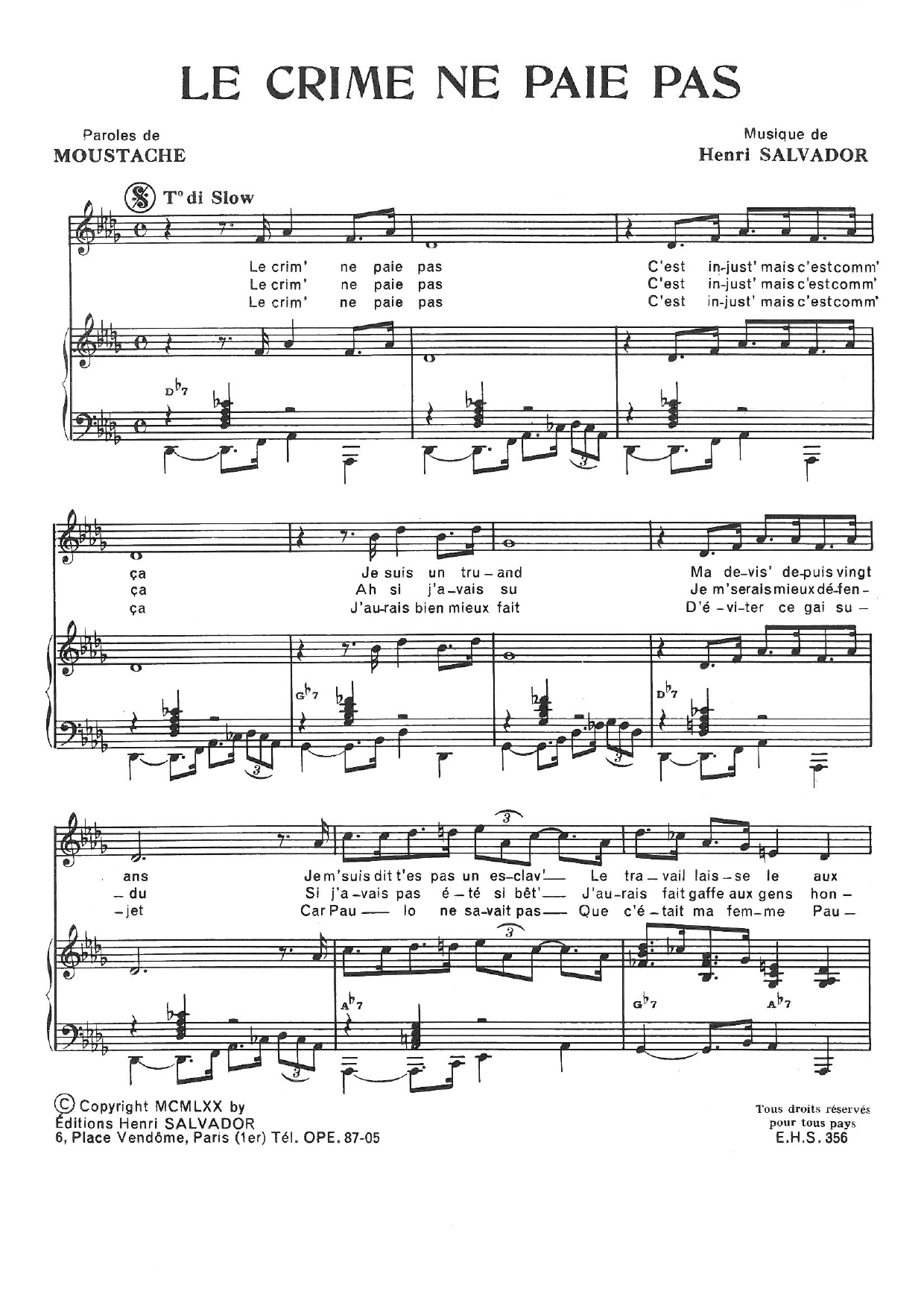 Download Henri Salvador Crime Ne Paie Pas Sheet Music and learn how to play Piano & Vocal PDF digital score in minutes