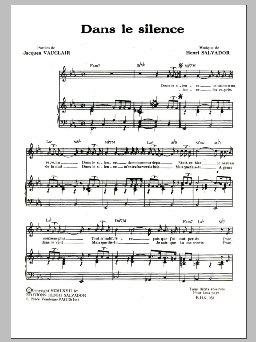 Download Henri Salvador Dans Le Silence Sheet Music and learn how to play Piano & Vocal PDF digital score in minutes