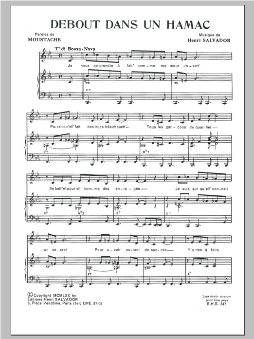 Download Henri Salvador Debout Dans Un Hamac Sheet Music and learn how to play Piano & Vocal PDF digital score in minutes