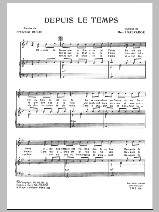 Download Henri Salvador Depuis Le Temps Sheet Music and learn how to play Piano & Vocal PDF digital score in minutes