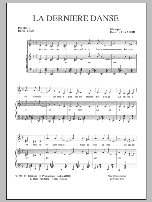 Download Henri Salvador Derniere Danse Sheet Music and learn how to play Piano & Vocal PDF digital score in minutes