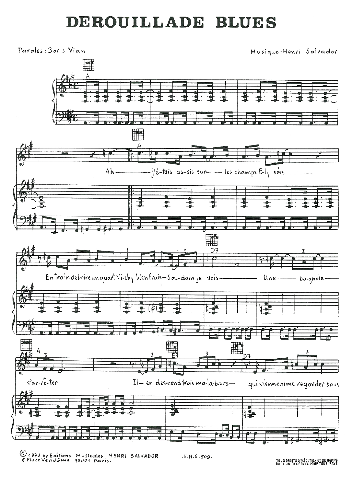 Download Henri Salvador Derouillade Blues Sheet Music and learn how to play Piano, Vocal & Guitar PDF digital score in minutes