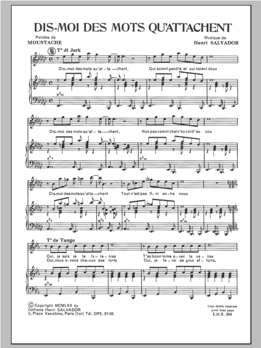 Download Henri Salvador Dis Moi Des Mots Qui Attachent Sheet Music and learn how to play Piano & Vocal PDF digital score in minutes