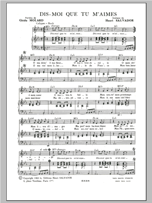 Download Henri Salvador Dis Moi Que Tu M'aimes Sheet Music and learn how to play Piano & Vocal PDF digital score in minutes