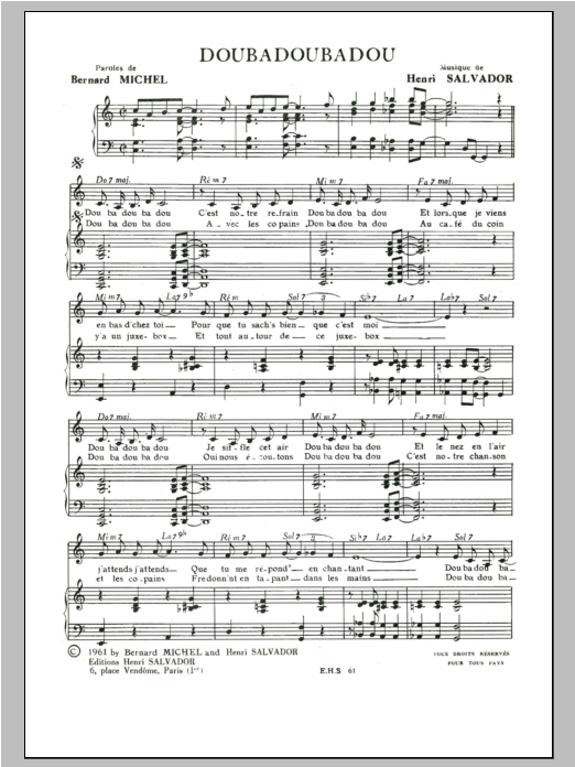 Download Henri Salvador Doubadoubadou Sheet Music and learn how to play Piano & Vocal PDF digital score in minutes