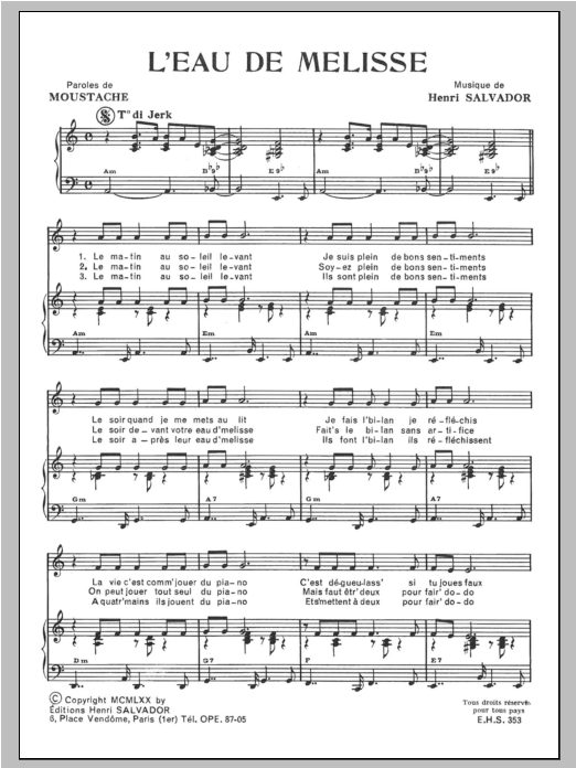 Download Henri Salvador Eau De Melisse Sheet Music and learn how to play Piano & Vocal PDF digital score in minutes