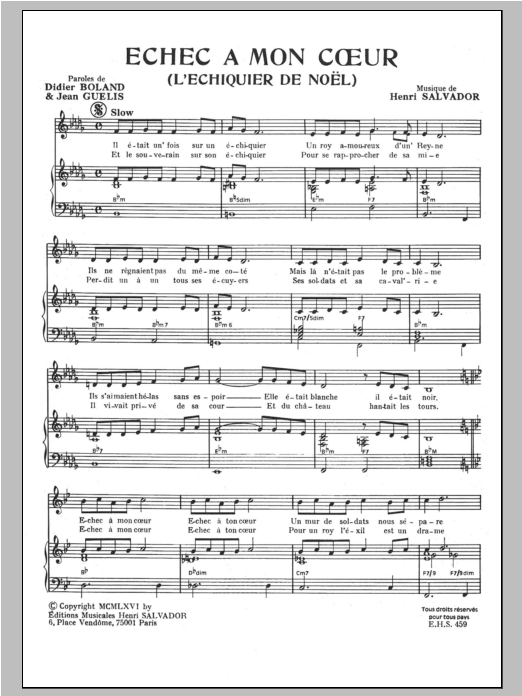 Download Henri Salvador Echec A Mon Coeur Sheet Music and learn how to play Piano & Vocal PDF digital score in minutes