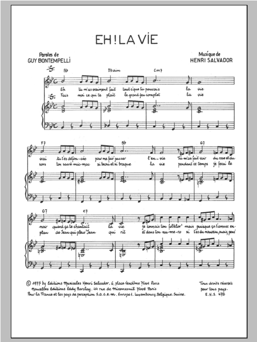 Download Henri Salvador Eh La Vie Sheet Music and learn how to play Piano & Vocal PDF digital score in minutes