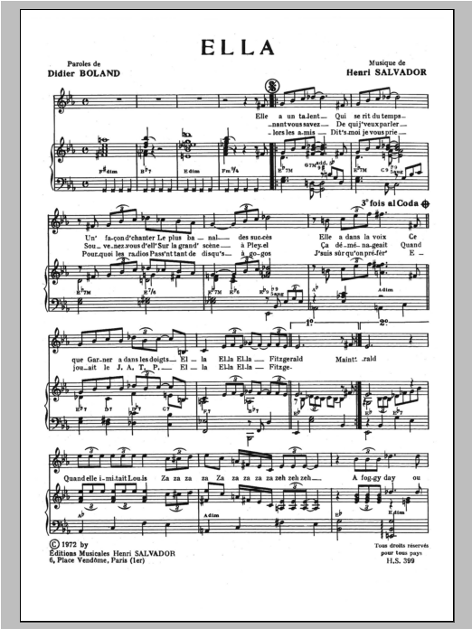 Download Henri Salvador Ella Sheet Music and learn how to play Piano & Vocal PDF digital score in minutes
