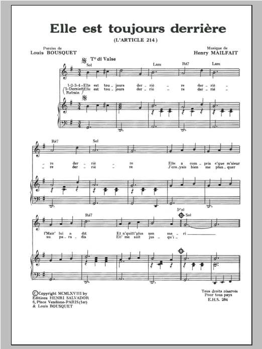 Download Henri Salvador Elle Est Toujours Derriere (Article 214) Sheet Music and learn how to play Piano & Vocal PDF digital score in minutes
