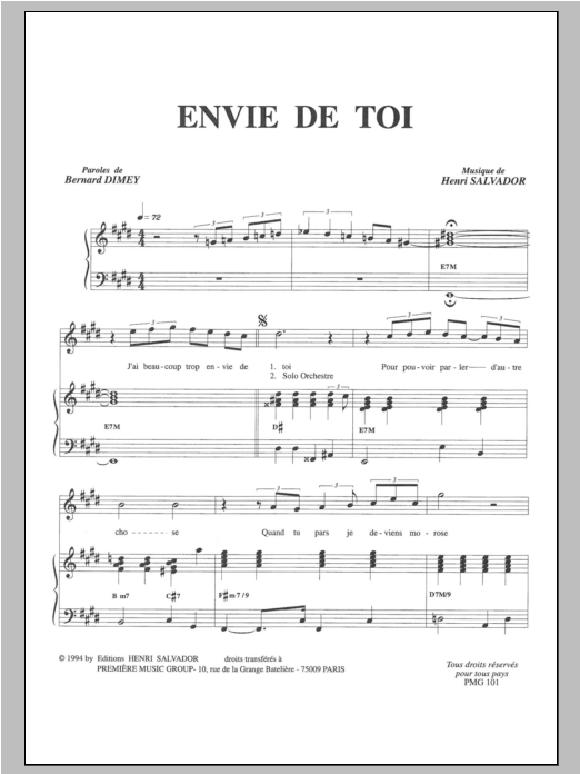 Download Henri Salvador Envie De Toi Sheet Music and learn how to play Piano & Vocal PDF digital score in minutes