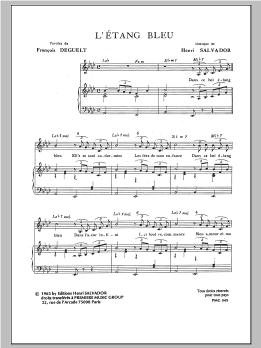 Download Henri Salvador Etang Bleu Sheet Music and learn how to play Piano & Vocal PDF digital score in minutes