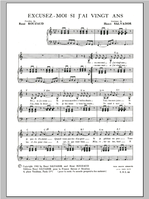 Download Henri Salvador Excusez Moi Si J'ai Vingt Ans Sheet Music and learn how to play Piano & Vocal PDF digital score in minutes