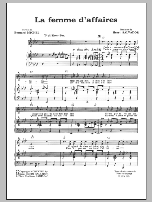 Download Henri Salvador Femme D'affaires Sheet Music and learn how to play Piano & Vocal PDF digital score in minutes