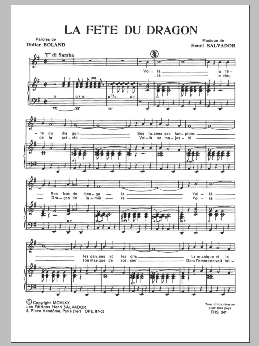 Download Henri Salvador Fete Du Dragon Sheet Music and learn how to play Piano & Vocal PDF digital score in minutes