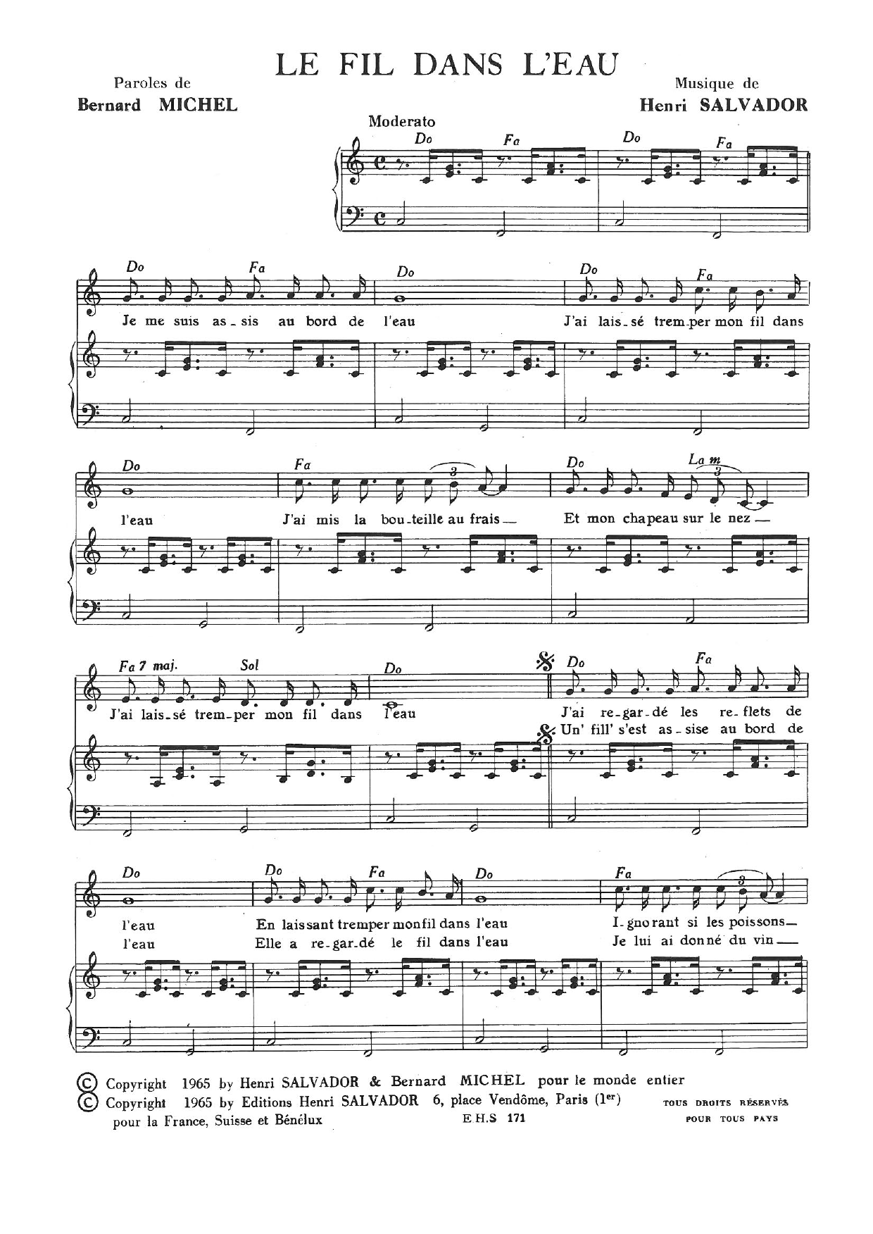 Download Henri Salvador Fil Dans L'eau Sheet Music and learn how to play Piano & Vocal PDF digital score in minutes