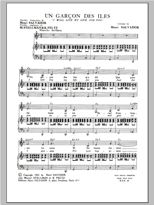 Download Henri Salvador Garcon Des Iles (Adapt De I Will Live My Life For You) Sheet Music and learn how to play Piano & Vocal PDF digital score in minutes