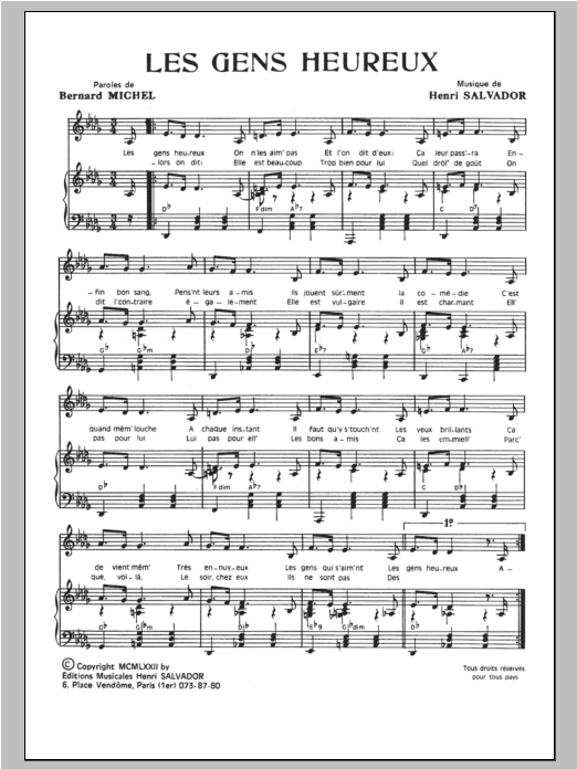 Download Henri Salvador Gens Heureux Sheet Music and learn how to play Piano & Vocal PDF digital score in minutes