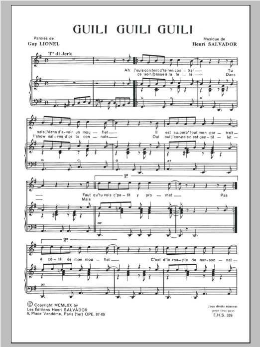 Download Henri Salvador Guili Guili Sheet Music and learn how to play Piano & Vocal PDF digital score in minutes