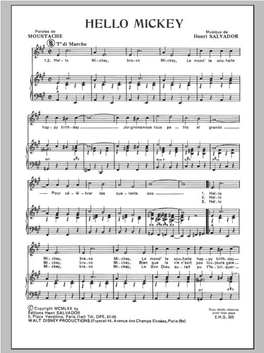 Download Henri Salvador Hello Mickey Sheet Music and learn how to play Piano & Vocal PDF digital score in minutes