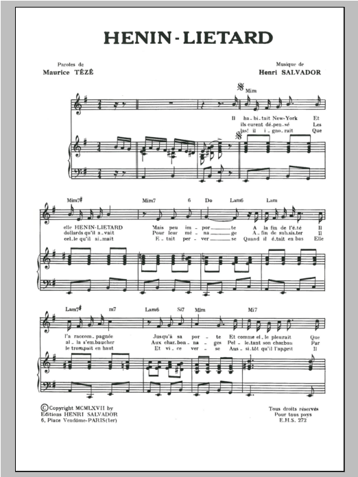 Download Henri Salvador Henin-Lietard Sheet Music and learn how to play Piano & Vocal PDF digital score in minutes