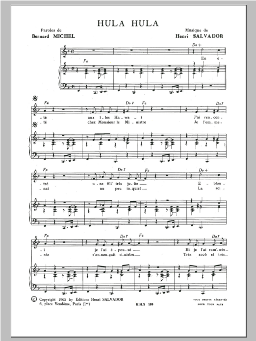 Download Henri Salvador Hula Hula Sheet Music and learn how to play Piano & Vocal PDF digital score in minutes