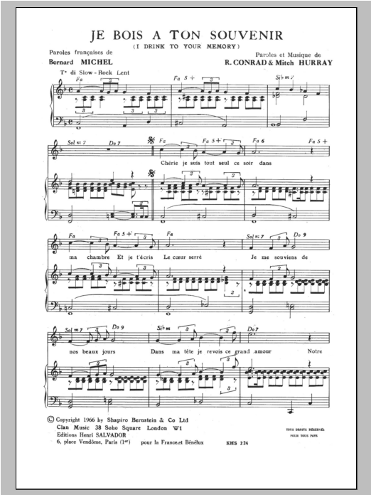 Download Henri Salvador I Drink To Your Memory (Je Bois A Ton Souvenir) Sheet Music and learn how to play Piano & Vocal PDF digital score in minutes